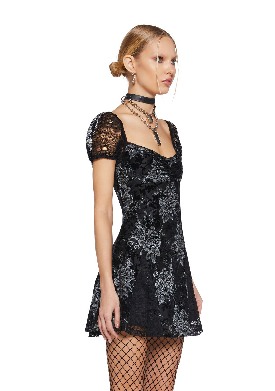 Womens Velvet Floral Mini Dress Current Mood - Silver/Black - Image 3
