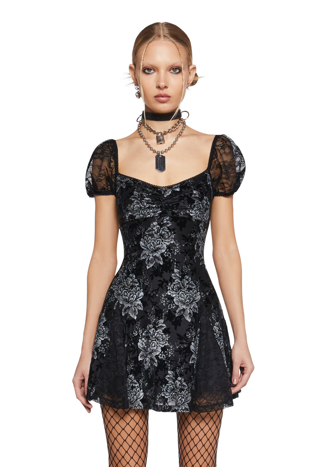 Womens Velvet Floral Mini Dress Current Mood - Silver/Black