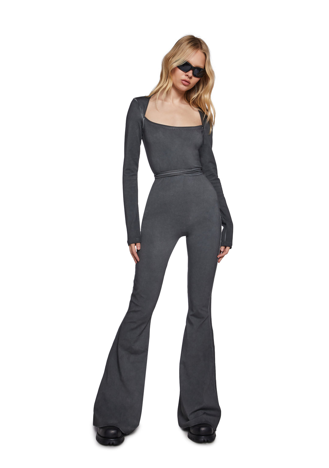 Charcoal Washed Catsuit With Open Back And Tie Closures And Long Sleeves Darker Wavs - Gray - Image 2