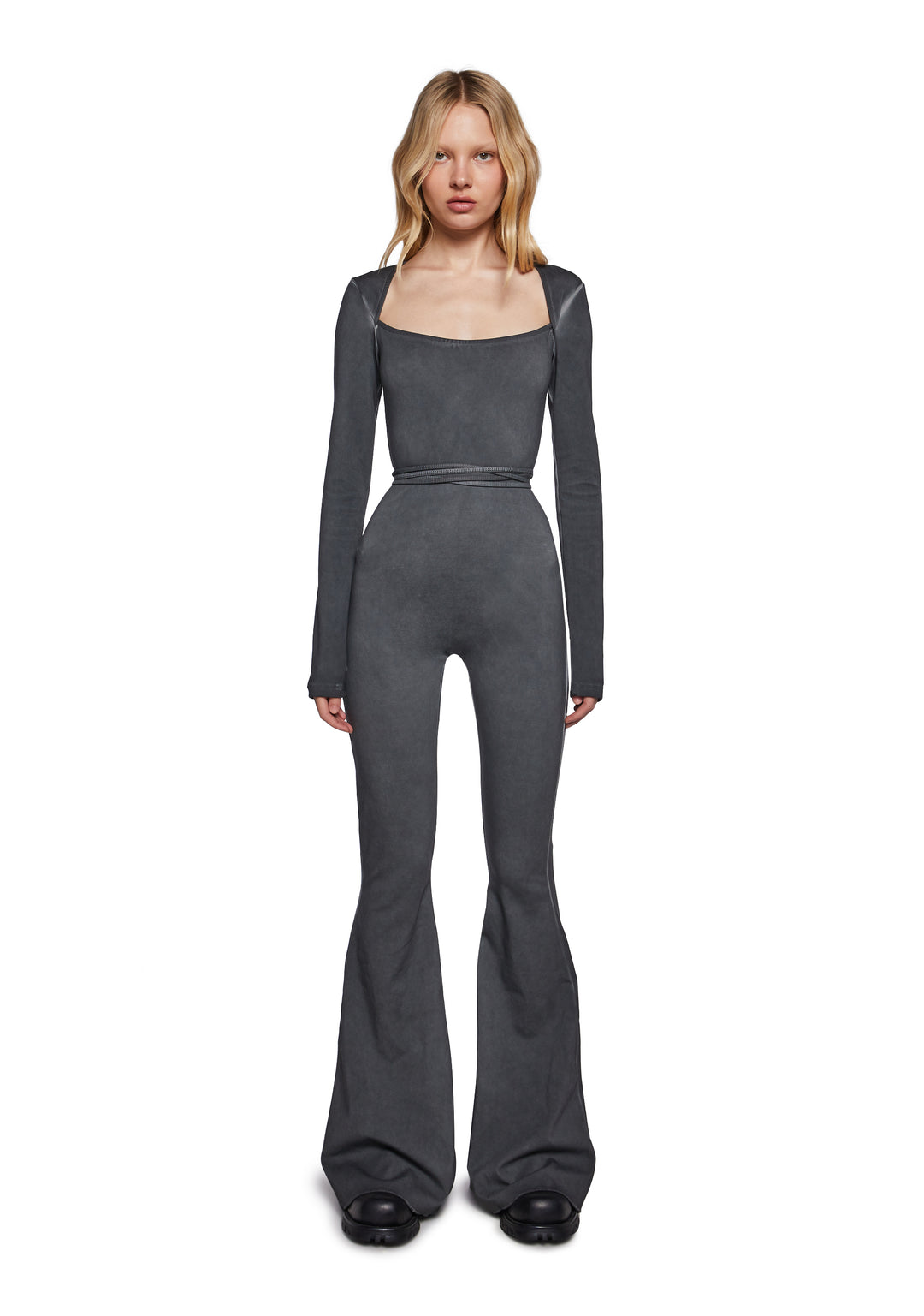 Charcoal Washed Catsuit With Open Back And Tie Closures And Long Sleeves Darker Wavs - Gray - Image 5