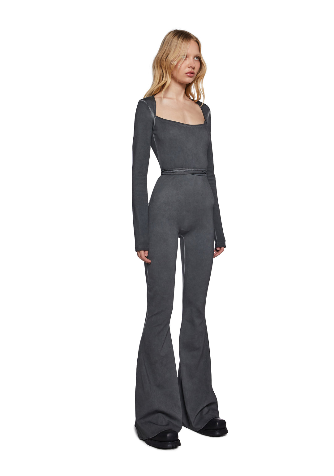 Charcoal Washed Catsuit With Open Back And Tie Closures And Long Sleeves Darker Wavs - Gray - Image 3