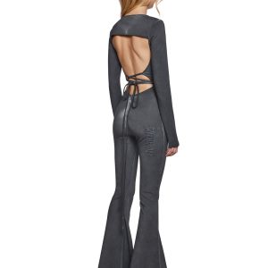 Charcoal Washed Catsuit With Open Back And Tie Closures And Long Sleeves Darker Wavs - Gray