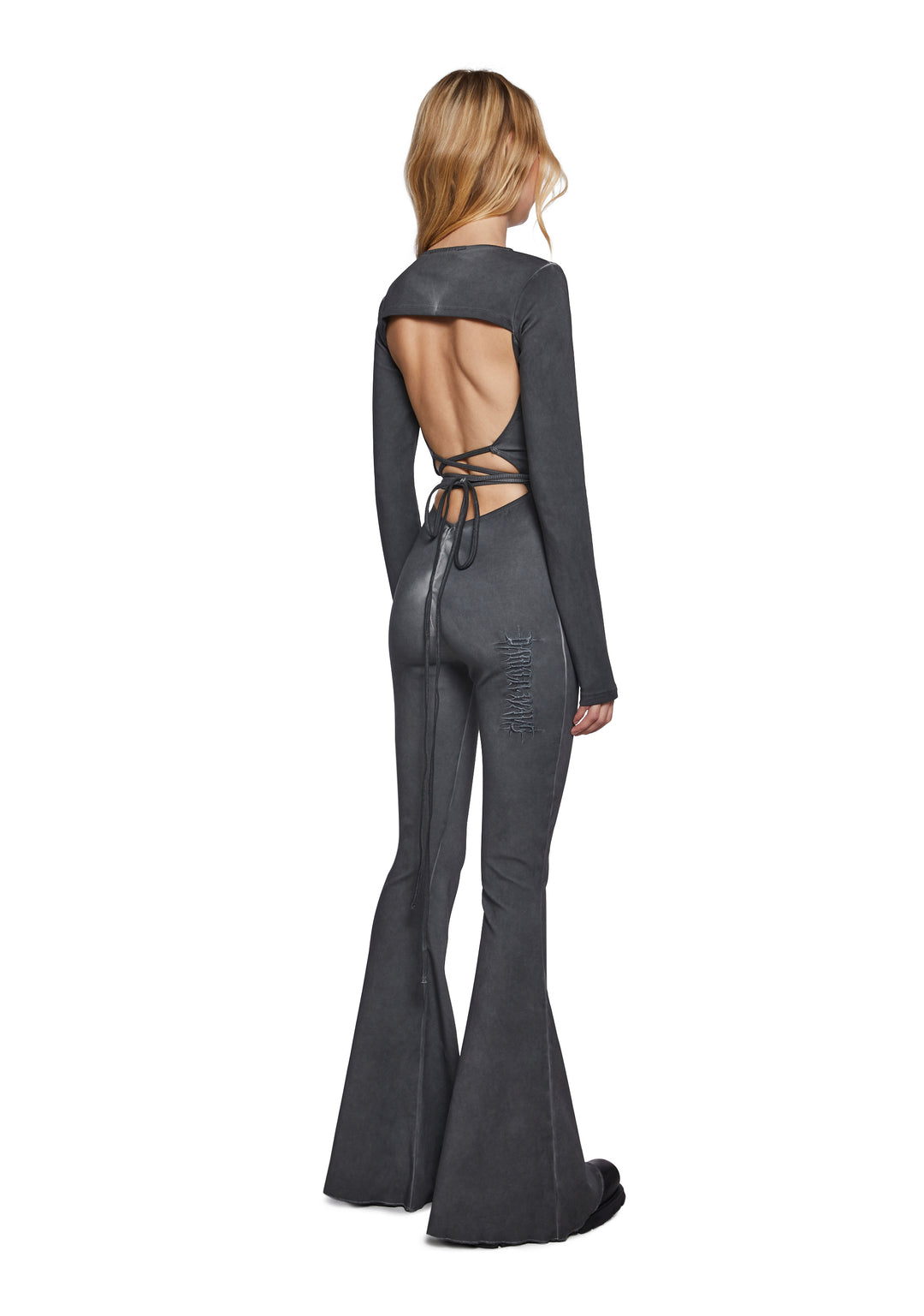 Charcoal Washed Catsuit With Open Back And Tie Closures And Long Sleeves Darker Wavs - Gray