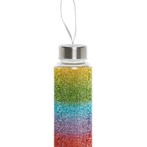 Rainbow Rhinestone Metal Lid Wrist Strap Water Bottle Current Mood - Multi