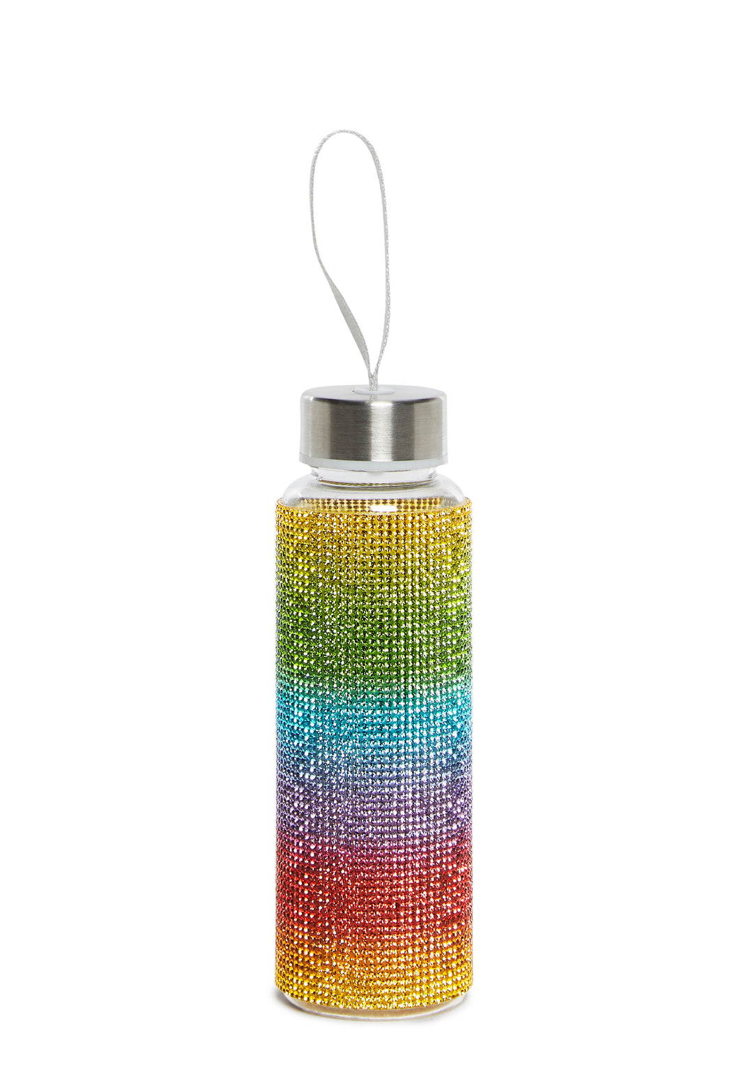 Rainbow Rhinestone Metal Lid Wrist Strap Water Bottle Current Mood - Multi