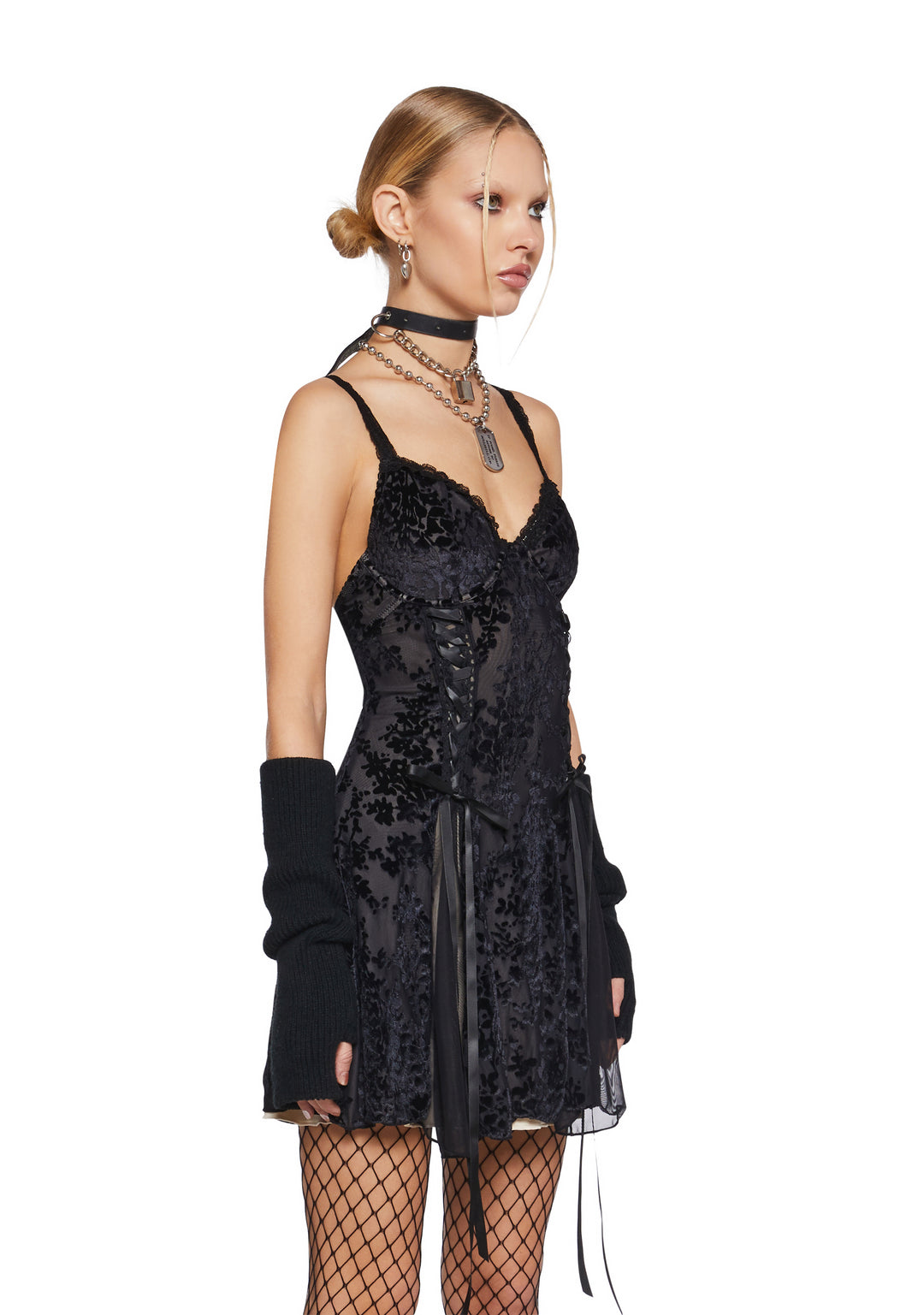 Womens Sexy Mesh Lace Velvet Burnout Mini Dress Current Mood - Black - Image 3