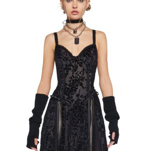 Womens Sexy Mesh Lace Velvet Burnout Mini Dress Current Mood - Black