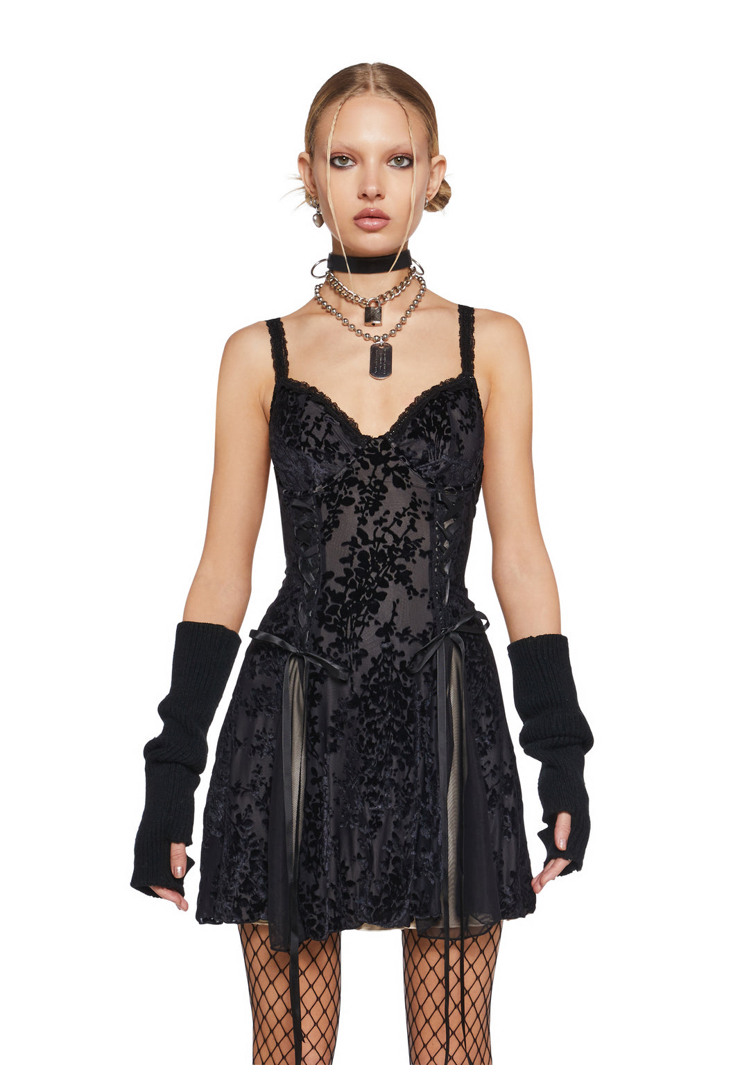 Womens Sexy Mesh Lace Velvet Burnout Mini Dress Current Mood - Black