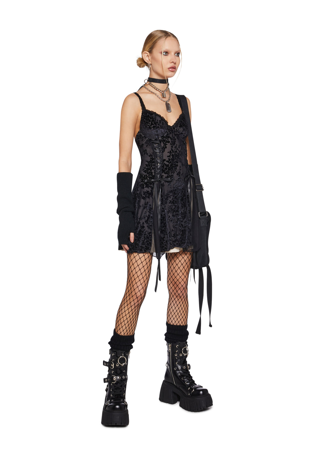 Womens Sexy Mesh Lace Velvet Burnout Mini Dress Current Mood - Black - Image 6