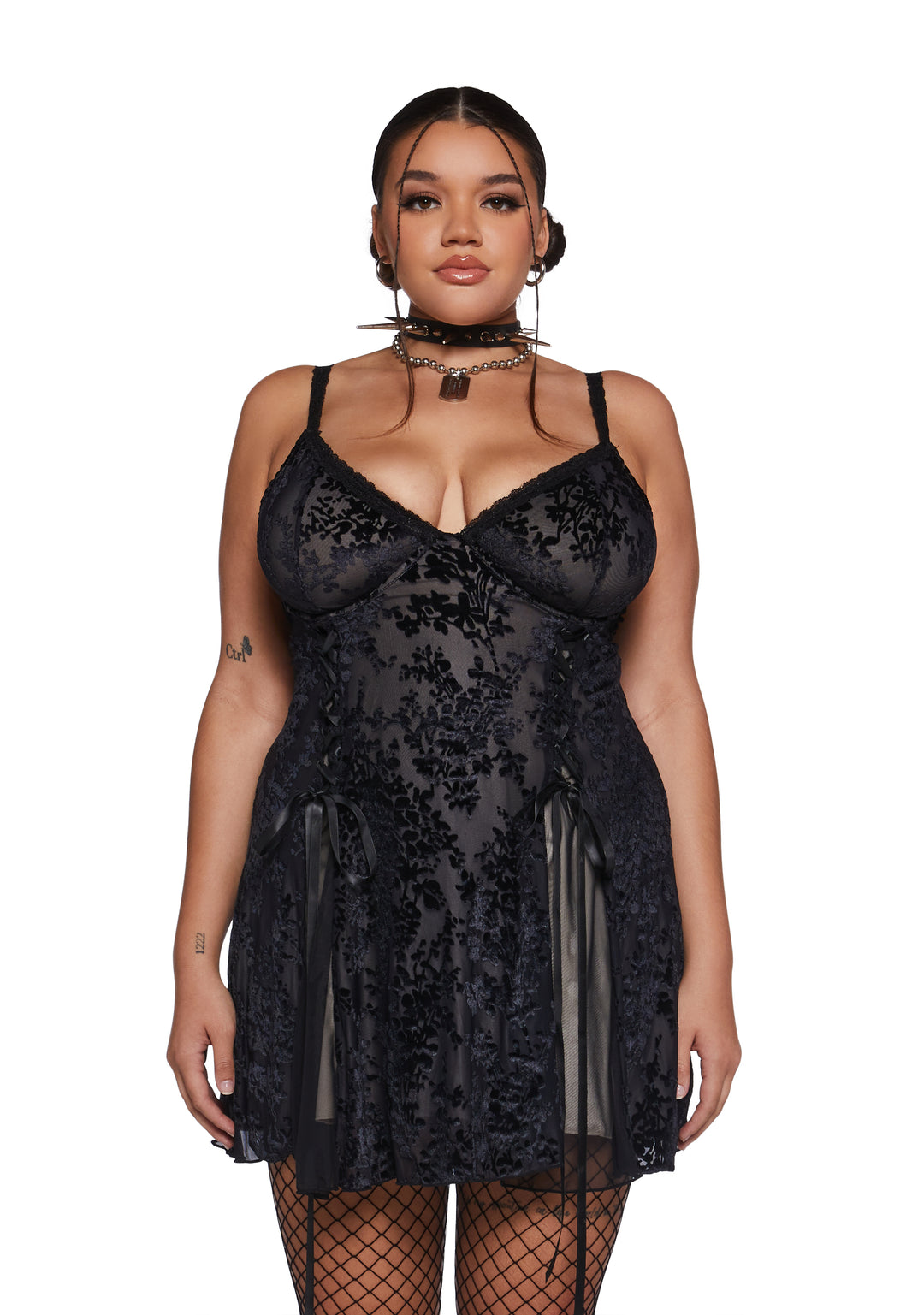 Womens Sexy Mesh Lace Velvet Burnout Mini Dress Current Mood - Black - Image 2