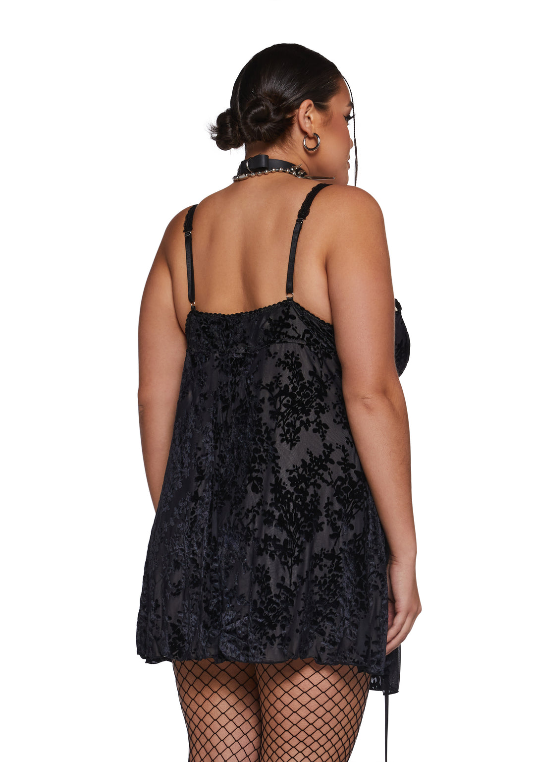 Womens Sexy Mesh Lace Velvet Burnout Mini Dress Current Mood - Black - Image 8