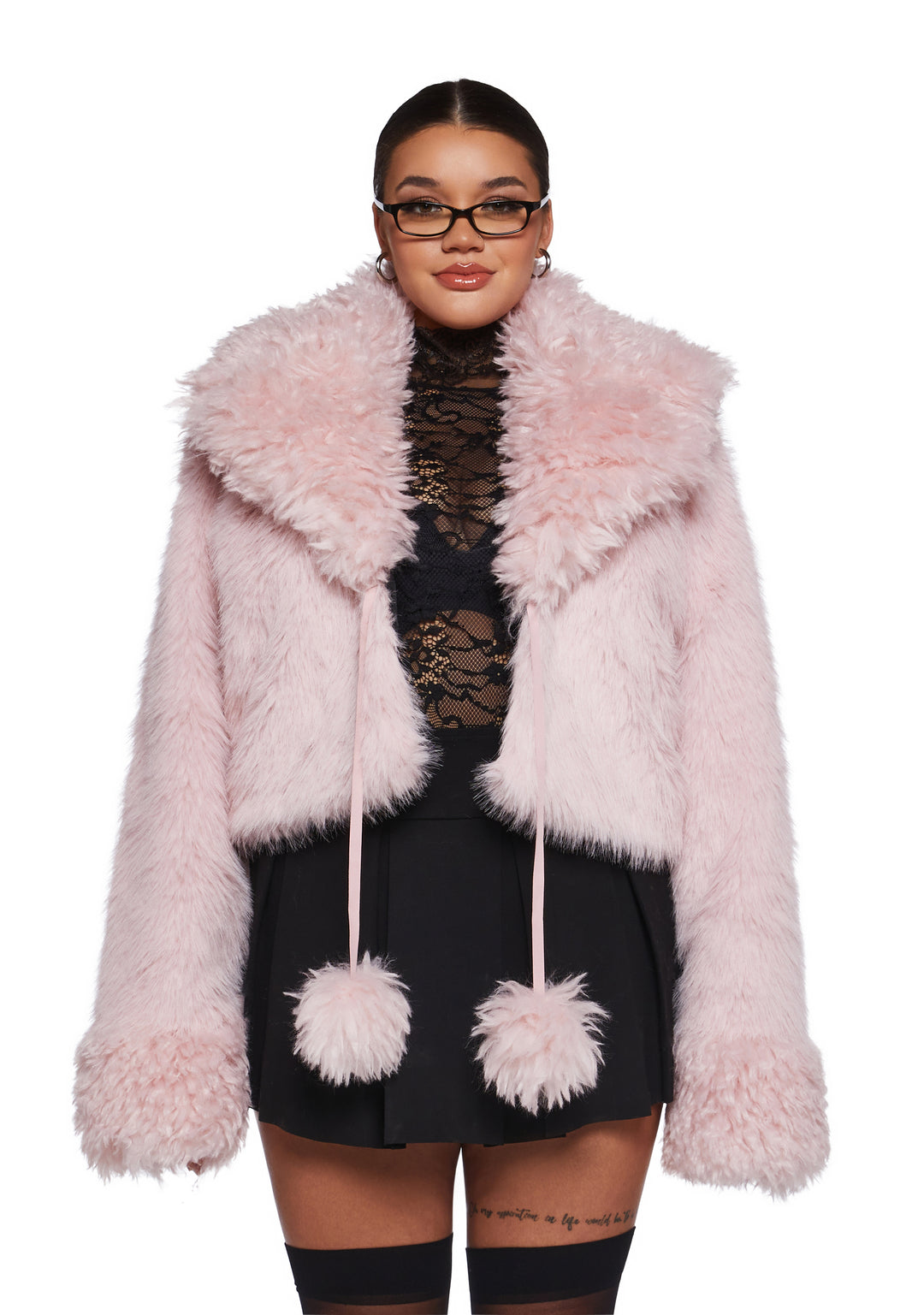 Faux Fur Pom-Pom Cropped Jacket Generation Kiss - Light Pink - Image 6