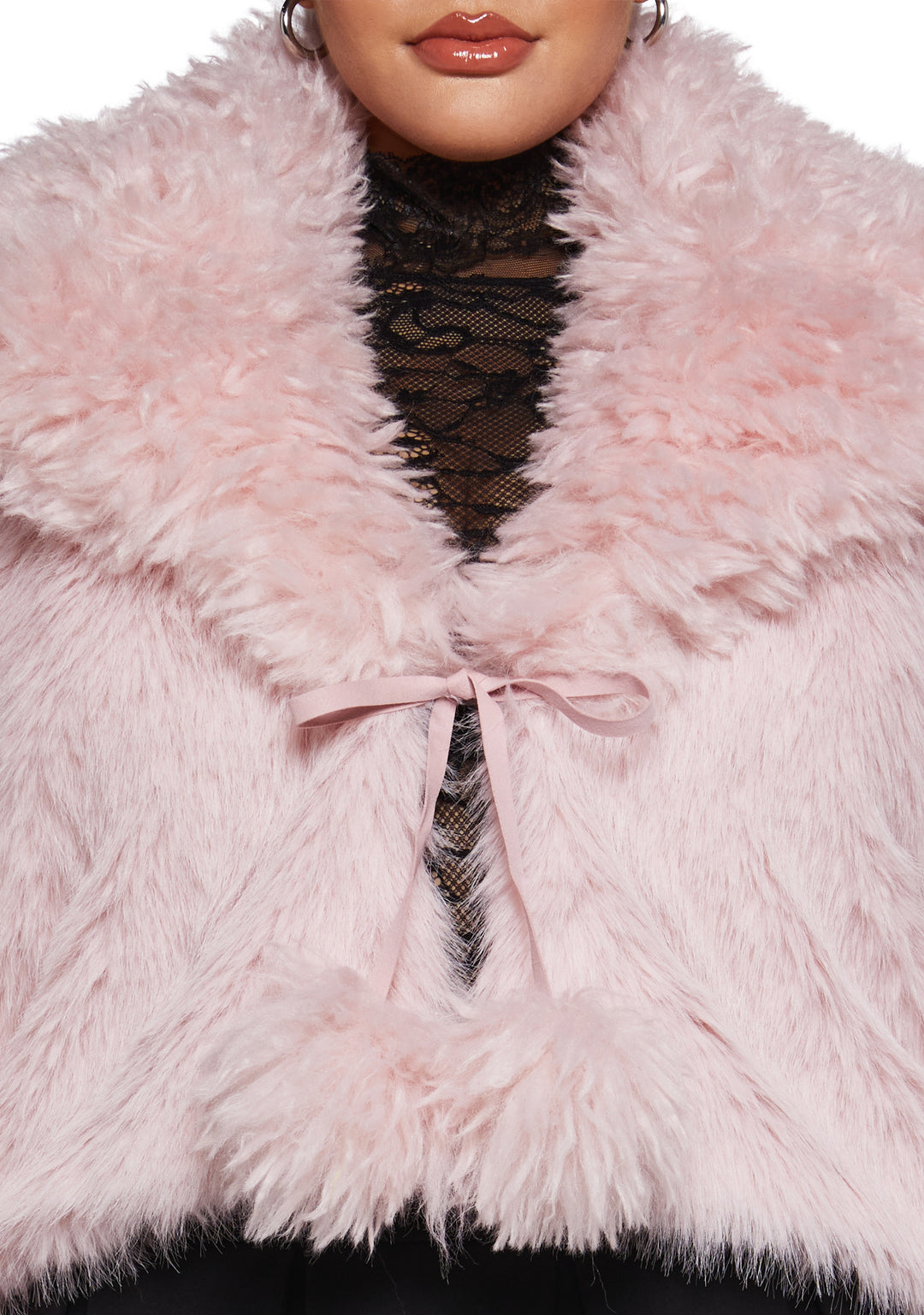 Faux Fur Pom-Pom Cropped Jacket Generation Kiss - Light Pink - Image 10