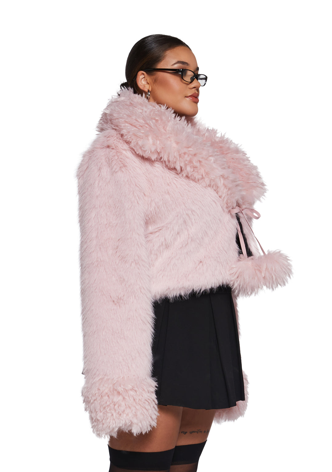 Faux Fur Pom-Pom Cropped Jacket Generation Kiss - Light Pink - Image 7