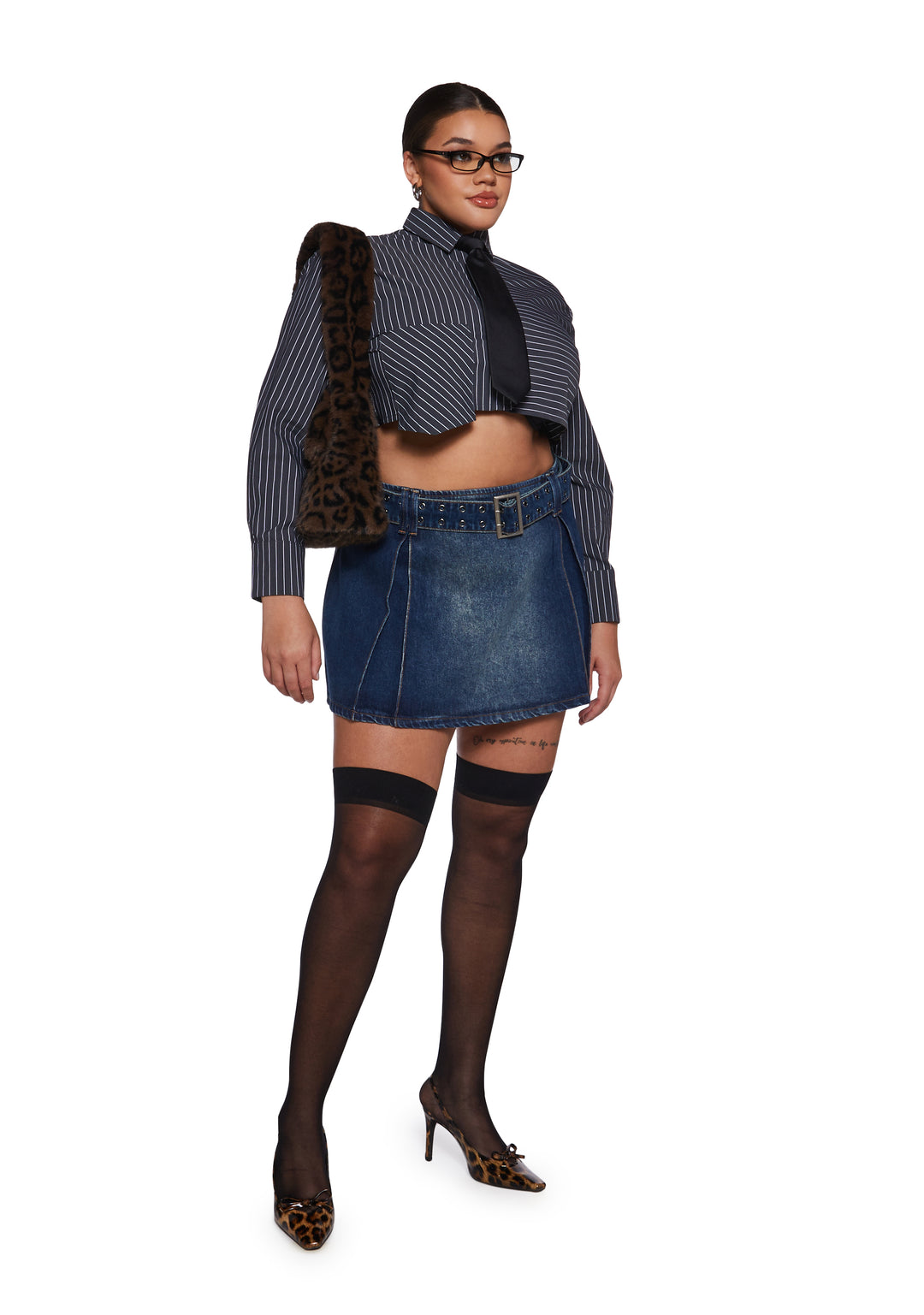 Washed Denim Belted Inverted Pleated Mini Skirt Generation Kiss - Blue - Image 9
