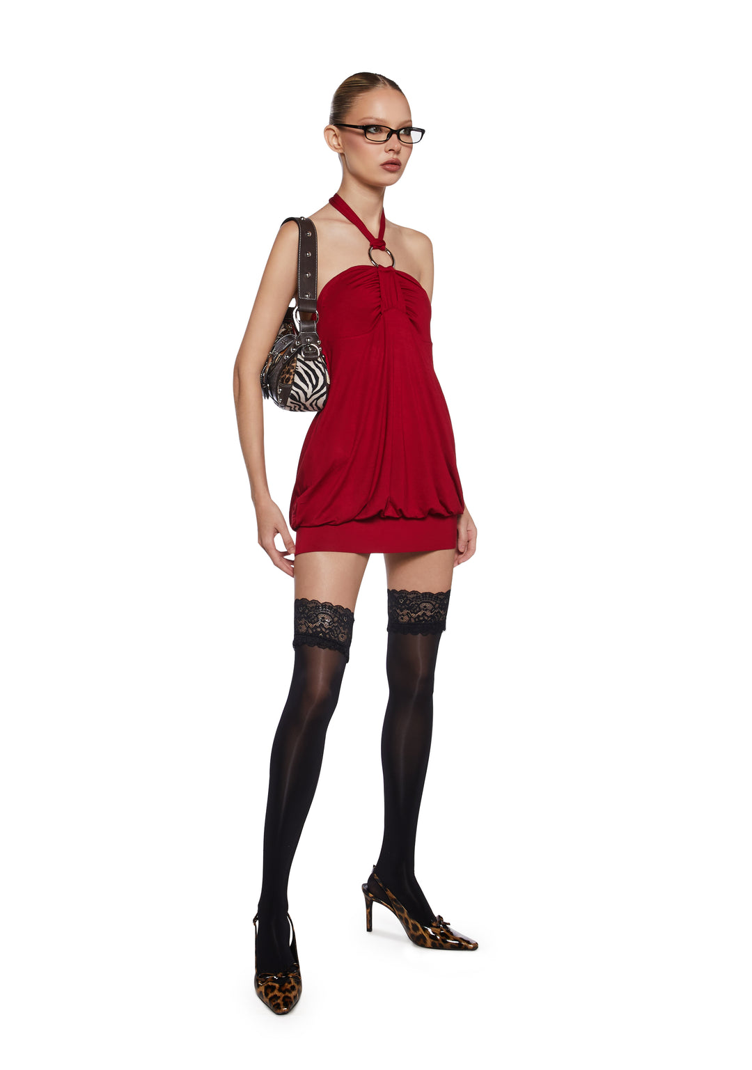 Womens Sexy Y2K Halter Mini Dress With Bubble Hem - Red - Image 2