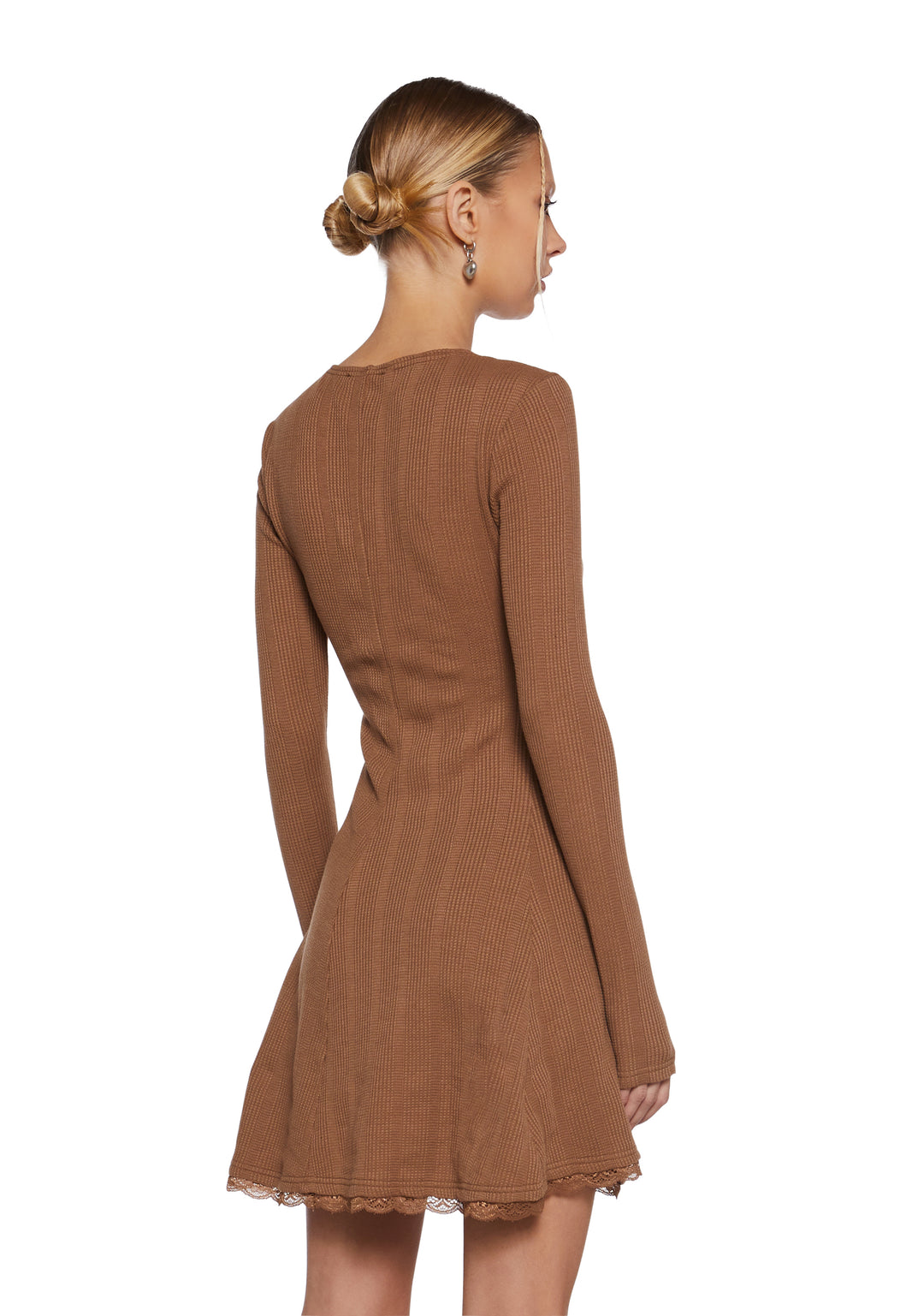 Thermal Long Sleeve Lace Mini Dress Delia's - Mid Century Date Thermal Dress - Brown - Image 4