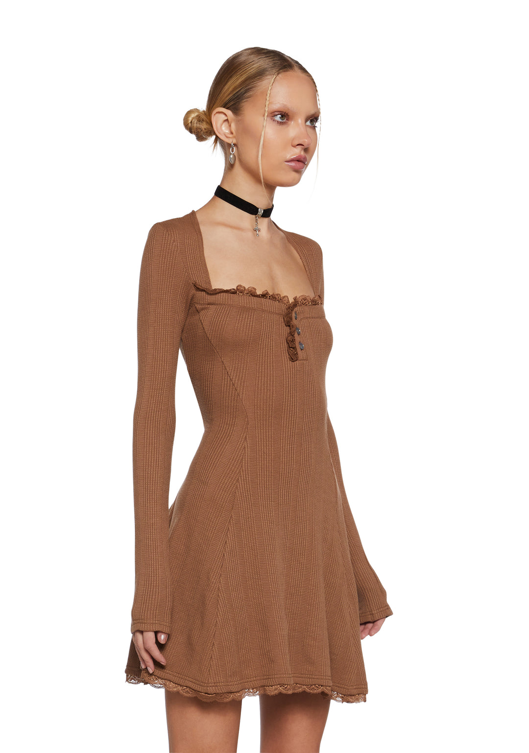 Thermal Long Sleeve Lace Mini Dress Delia's - Mid Century Date Thermal Dress - Brown - Image 3