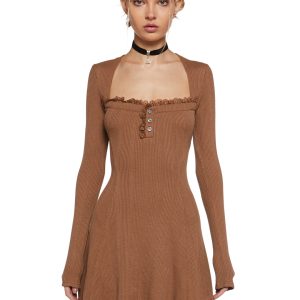 Thermal Long Sleeve Lace Mini Dress Delia's - Mid Century Date Thermal Dress - Brown