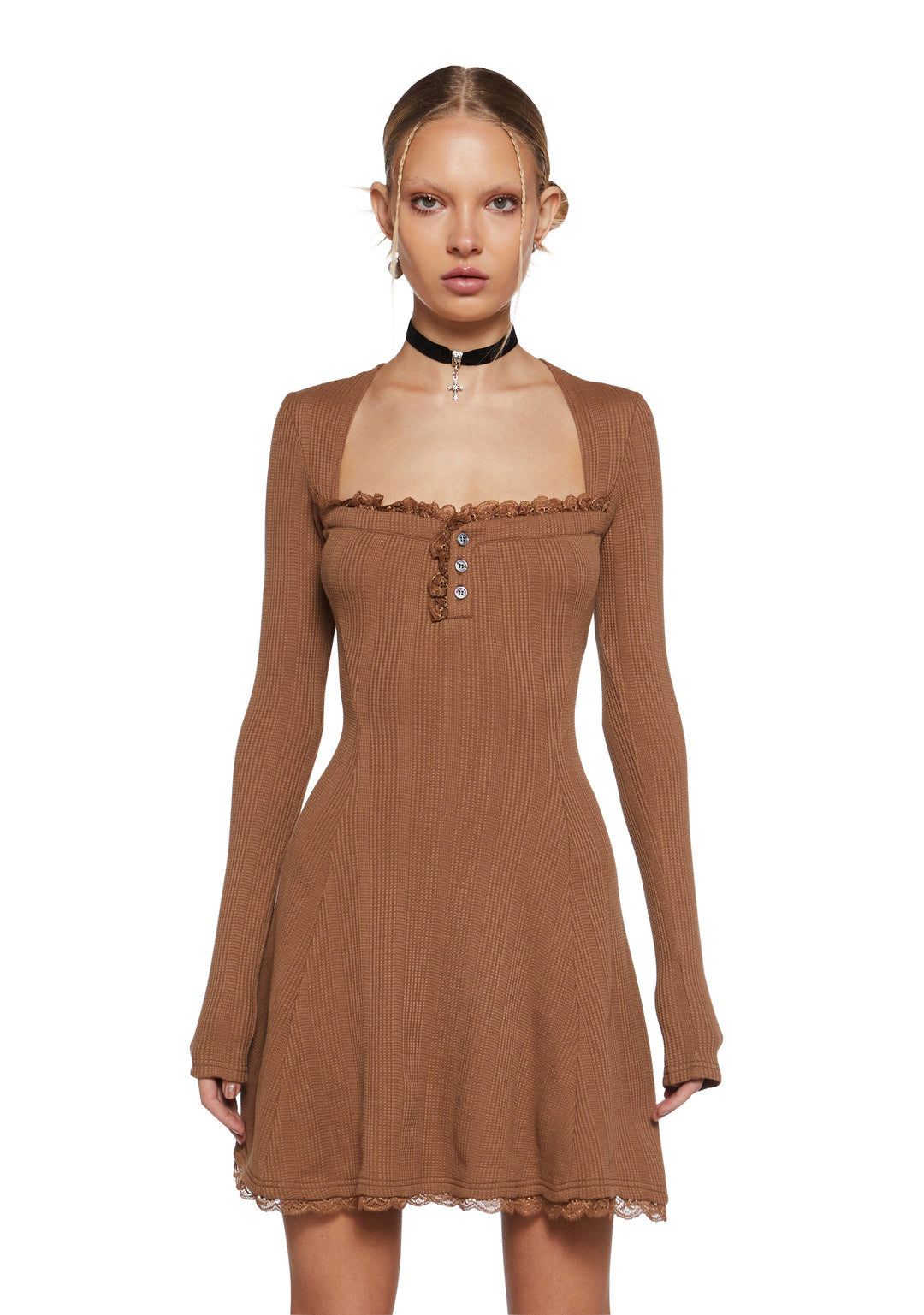 Thermal Long Sleeve Lace Mini Dress Delia's - Mid Century Date Thermal Dress - Brown