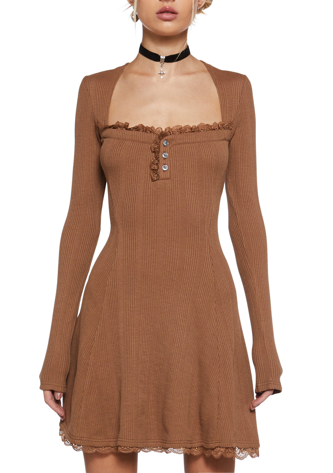Thermal Long Sleeve Lace Mini Dress Delia's - Mid Century Date Thermal Dress - Brown - Image 5