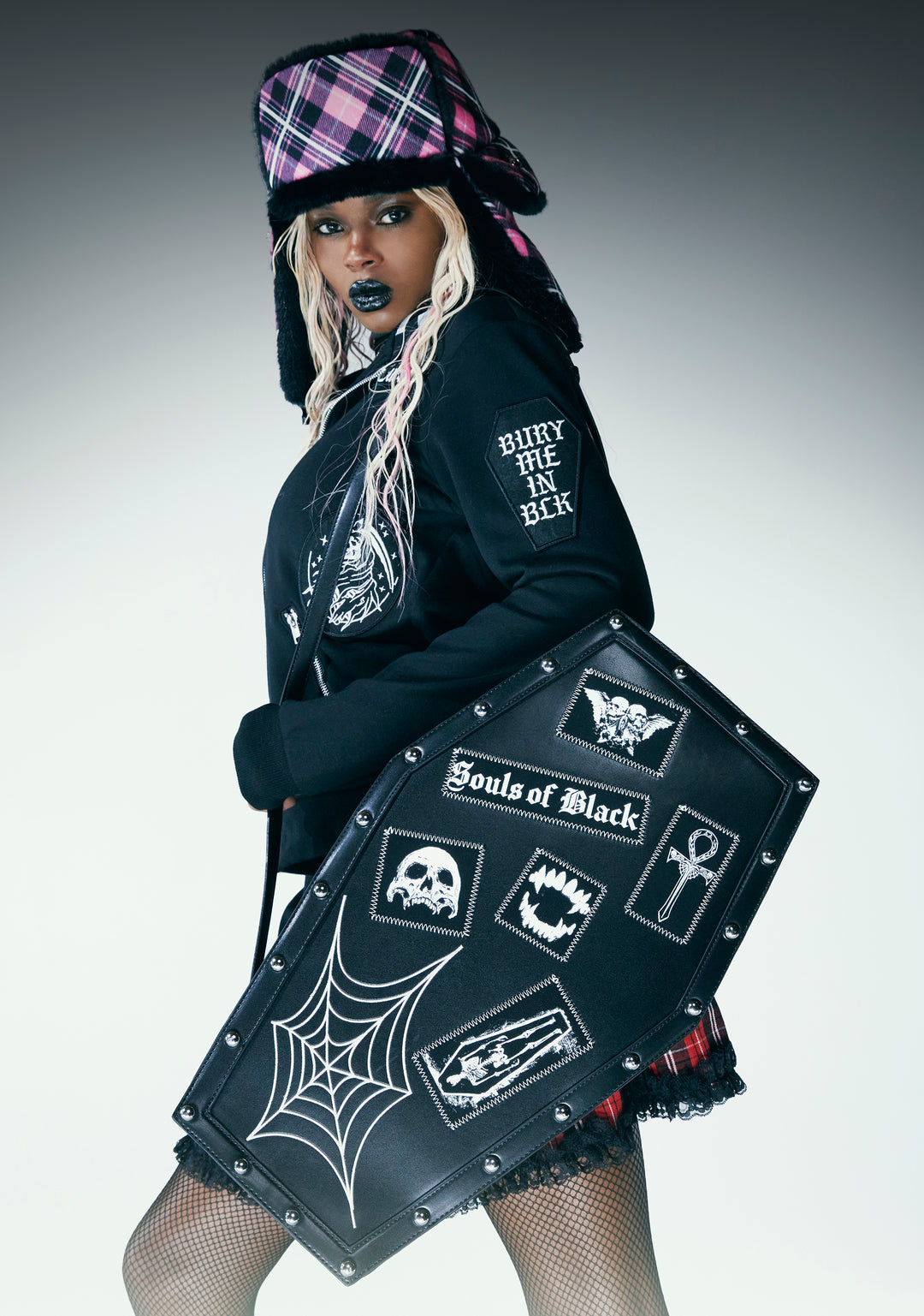 The Grave Girls Coffin Shaped Goth Patch Spiderweb Shoulder Bag - Black - Image 7