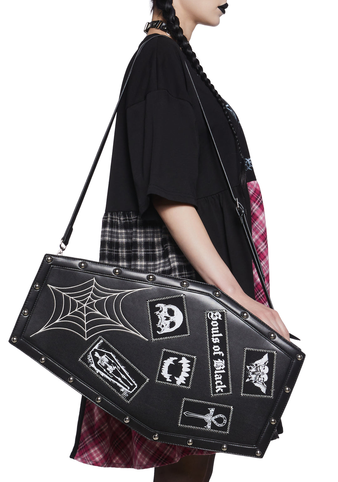 The Grave Girls Coffin Shaped Goth Patch Spiderweb Shoulder Bag - Black - Image 2
