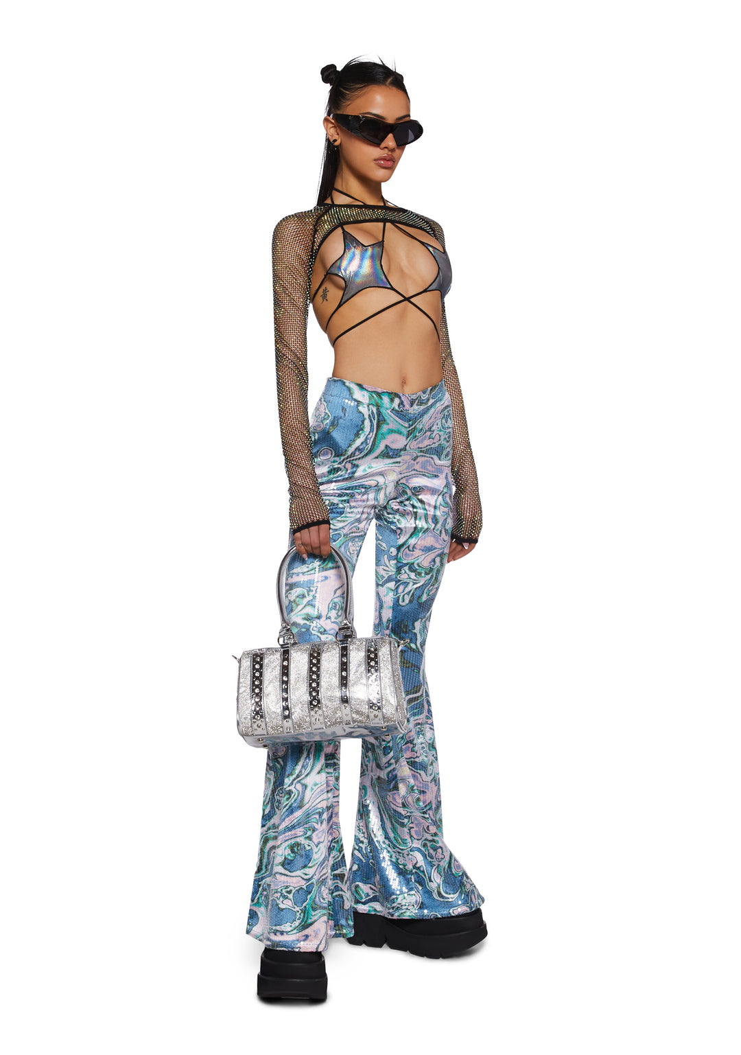 Vegan Leather Rhinestone Studded Mini Duffle Bag Current Mood - Silver - Image 7