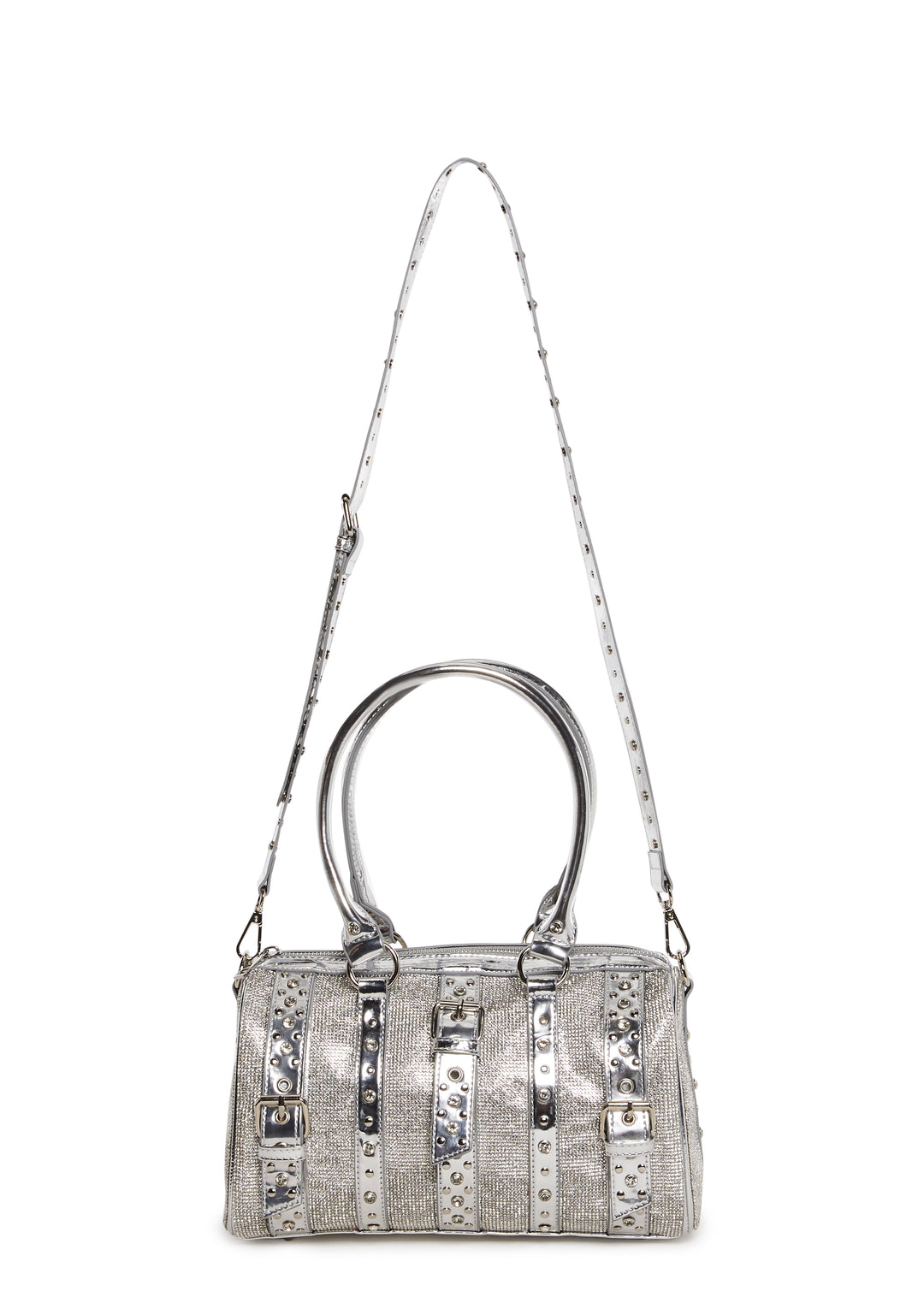 Vegan Leather Rhinestone Studded Mini Duffle Bag Current Mood - Silver