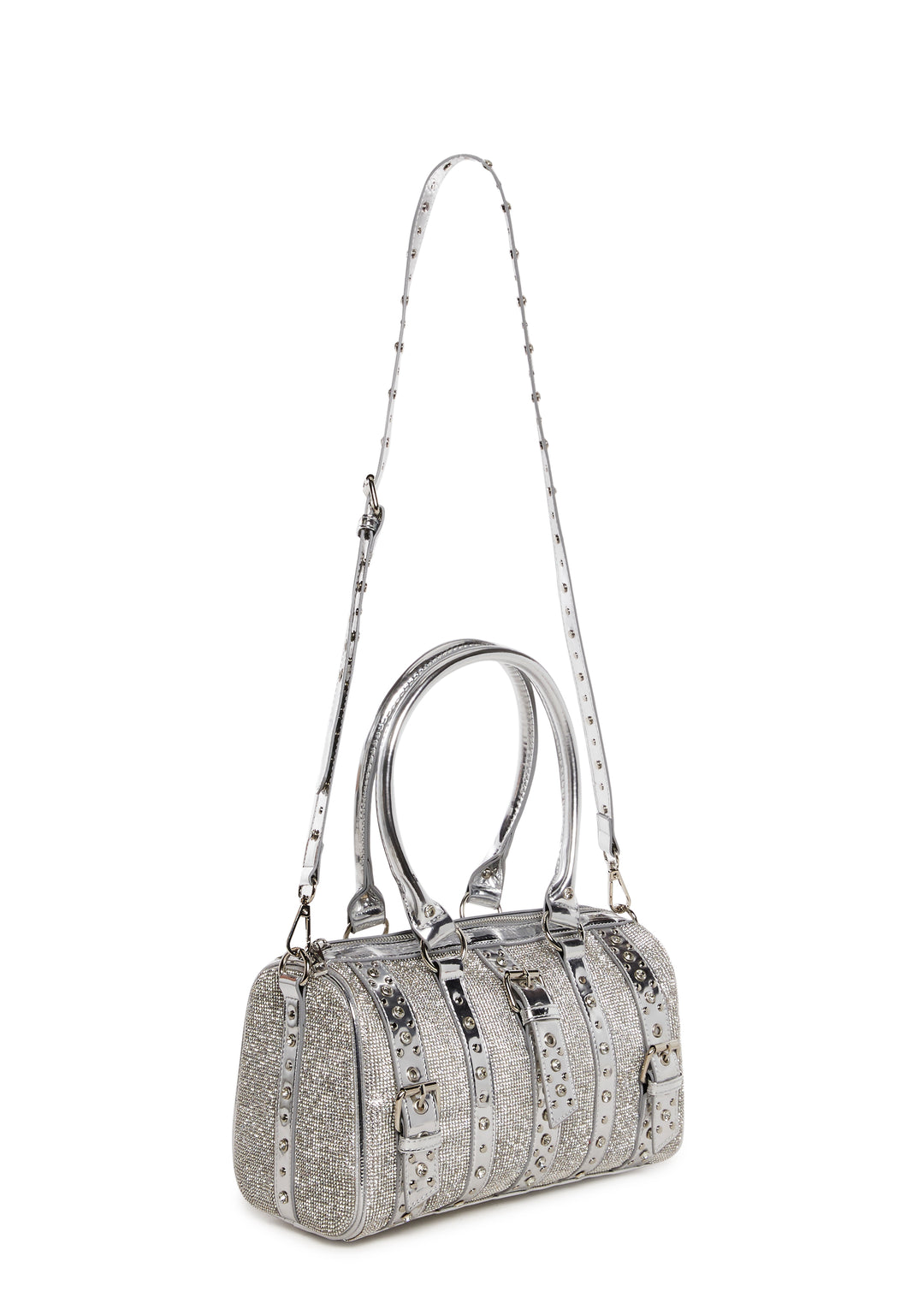 Vegan Leather Rhinestone Studded Mini Duffle Bag Current Mood - Silver - Image 3