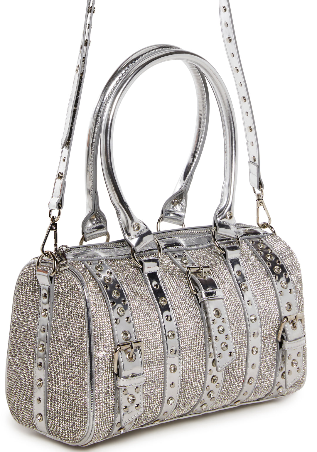 Vegan Leather Rhinestone Studded Mini Duffle Bag Current Mood - Silver - Image 6