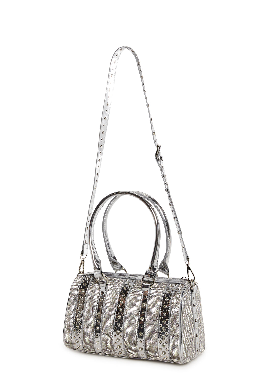 Vegan Leather Rhinestone Studded Mini Duffle Bag Current Mood - Silver - Image 4