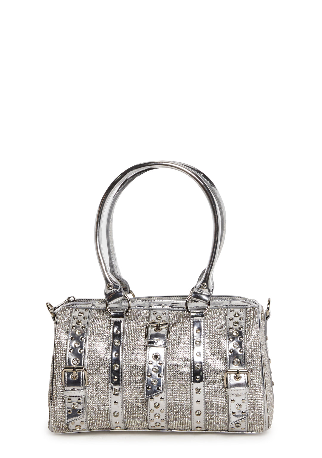 Vegan Leather Rhinestone Studded Mini Duffle Bag Current Mood - Silver - Image 5
