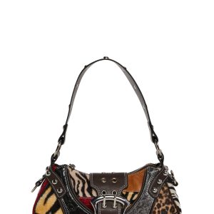 Vegan Leather Patchwork Faux Fur Animal Print Ball Stud Baguette Shoulder Bag Current Mood - Multi