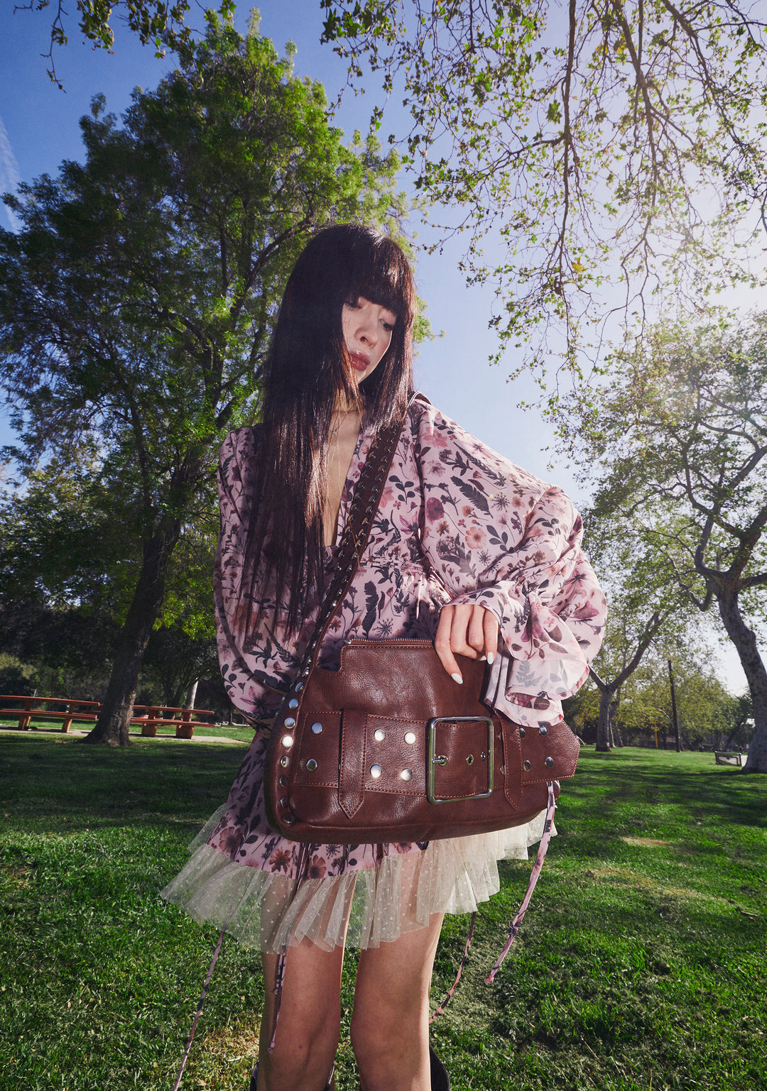 Studded Buckle Belt Shoulder Bag Current Mood - Brown - Image 6