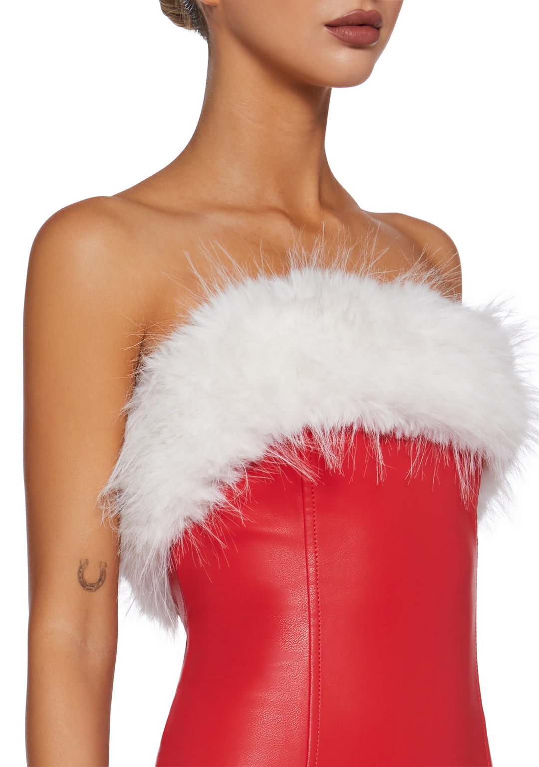 Womens Sexy Strapless Vegan Leather Dress With Faux Fur Trim Generation Kiss - Red - Image 5