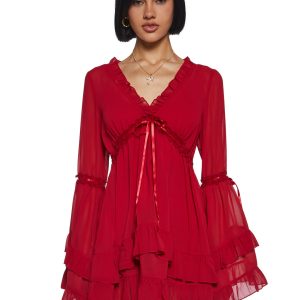 Womens Sexy Chiffon Mini Dress With Bell Sleeves Sugar Thrillz - Red