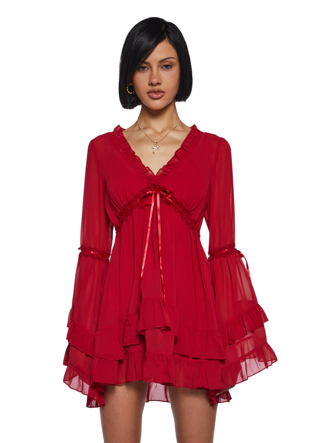 Womens Sexy Chiffon Mini Dress With Bell Sleeves Sugar Thrillz - Red