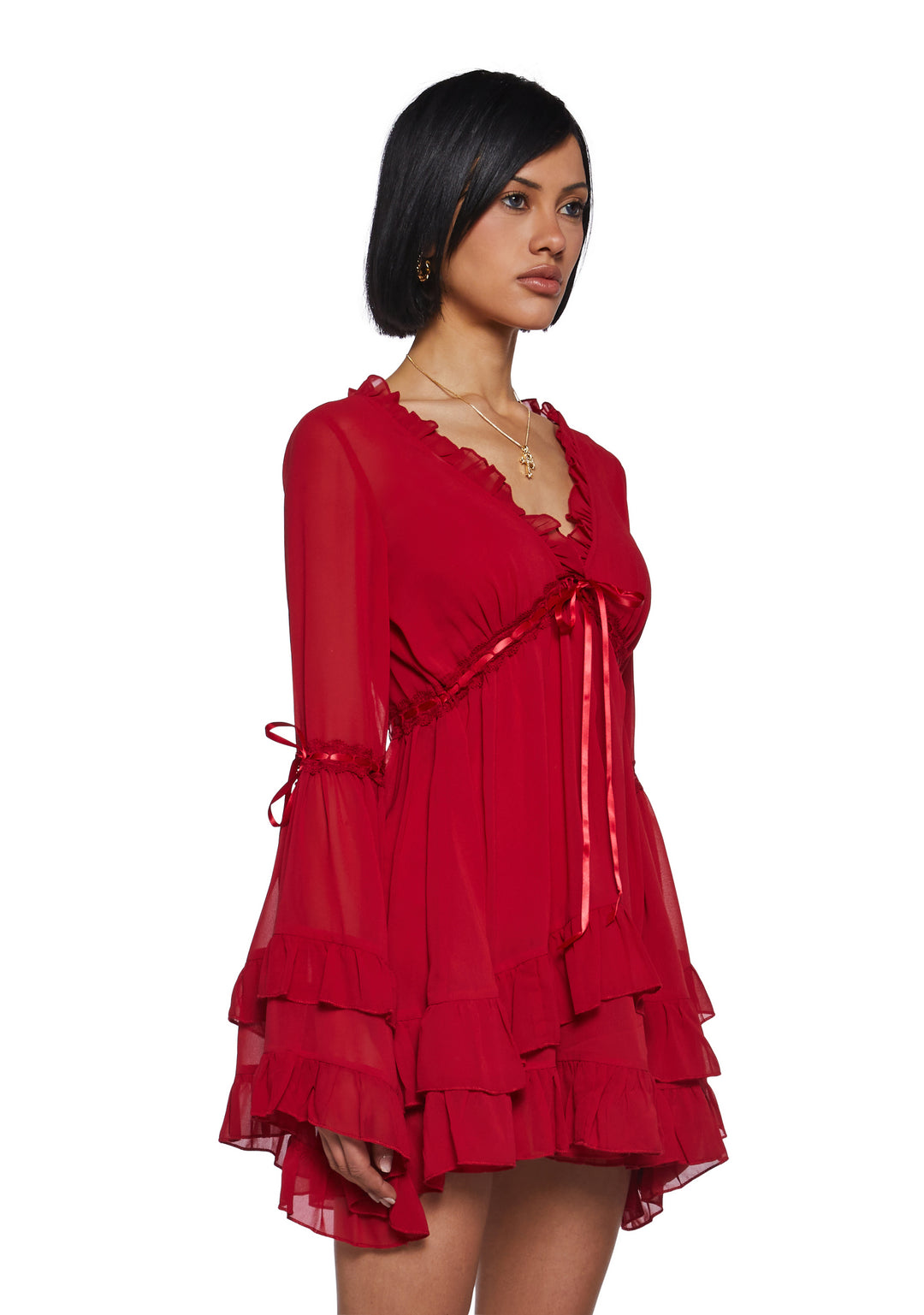 Womens Sexy Chiffon Mini Dress With Bell Sleeves Sugar Thrillz - Red - Image 3