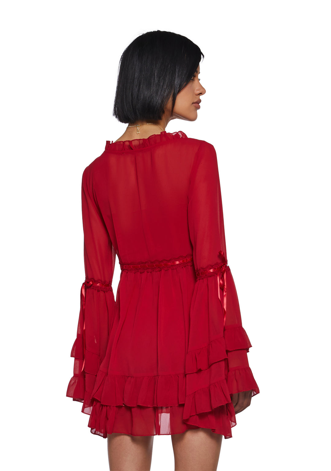 Womens Sexy Chiffon Mini Dress With Bell Sleeves Sugar Thrillz - Red - Image 4