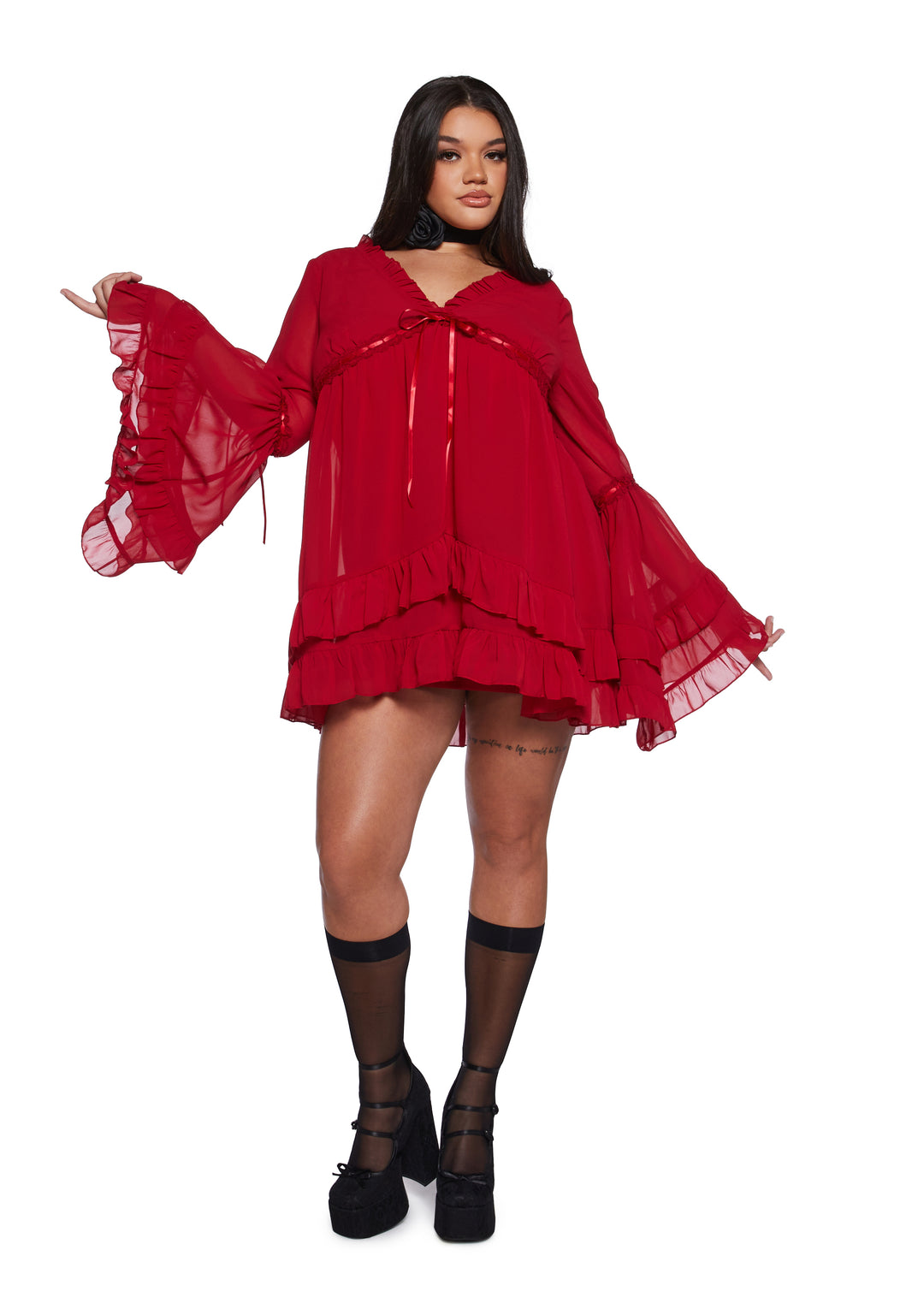 Womens Sexy Chiffon Mini Dress With Bell Sleeves Sugar Thrillz - Red - Image 9