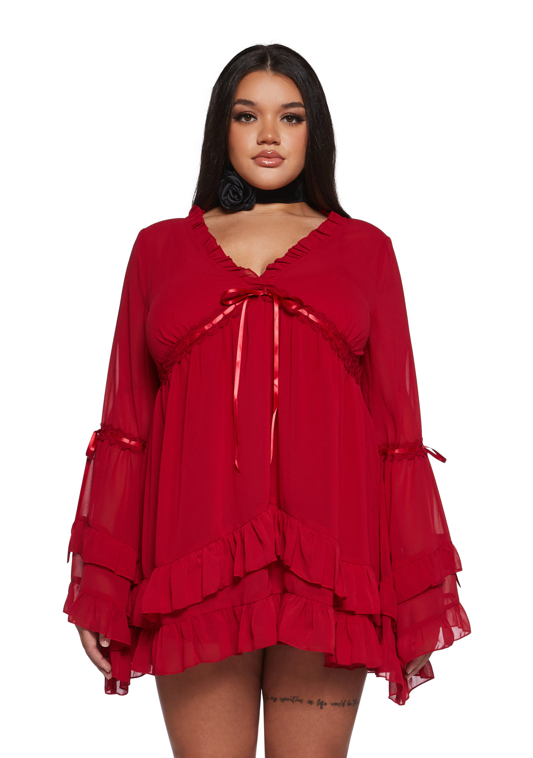 Womens Sexy Chiffon Mini Dress With Bell Sleeves Sugar Thrillz - Red - Image 6