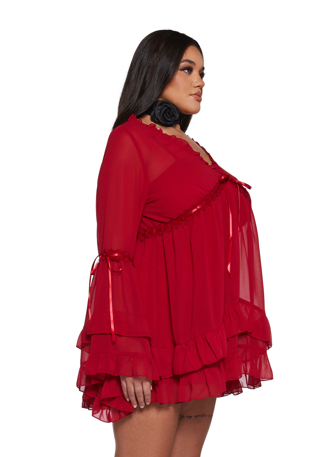 Womens Sexy Chiffon Mini Dress With Bell Sleeves Sugar Thrillz - Red - Image 7