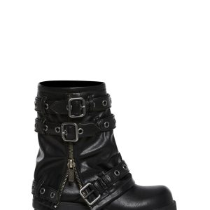 Vegan Leather Multi Buckle Mid Calf Zippered Combat Boots Darker Wavs - Black