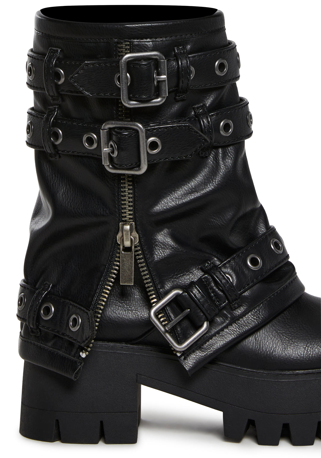 Vegan Leather Multi Buckle Mid Calf Zippered Combat Boots Darker Wavs - Black - Image 2