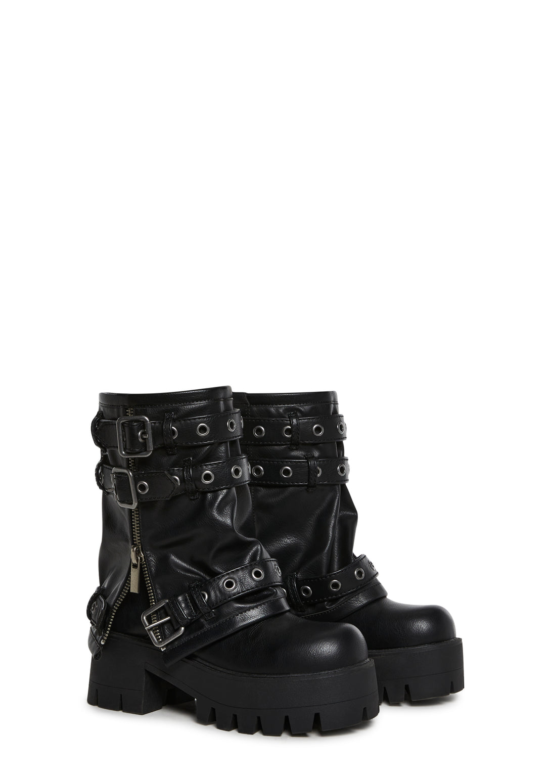 Vegan Leather Multi Buckle Mid Calf Zippered Combat Boots Darker Wavs - Black - Image 3