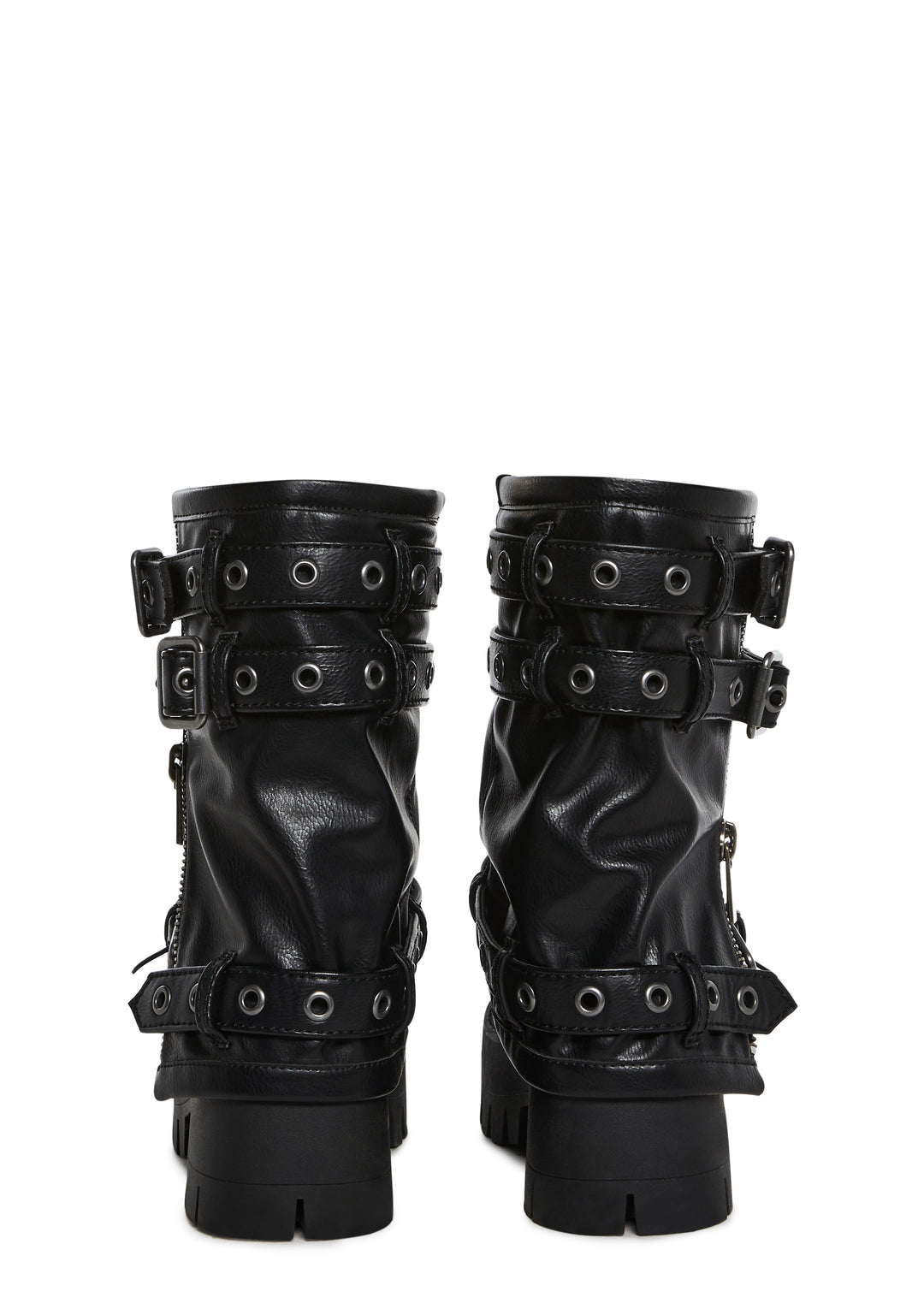 Vegan Leather Multi Buckle Mid Calf Zippered Combat Boots Darker Wavs - Black - Image 4