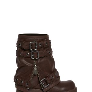 Vegan Leather Multi Buckle Mid Calf Zippered Combat Boots Darker Wavs - Brown