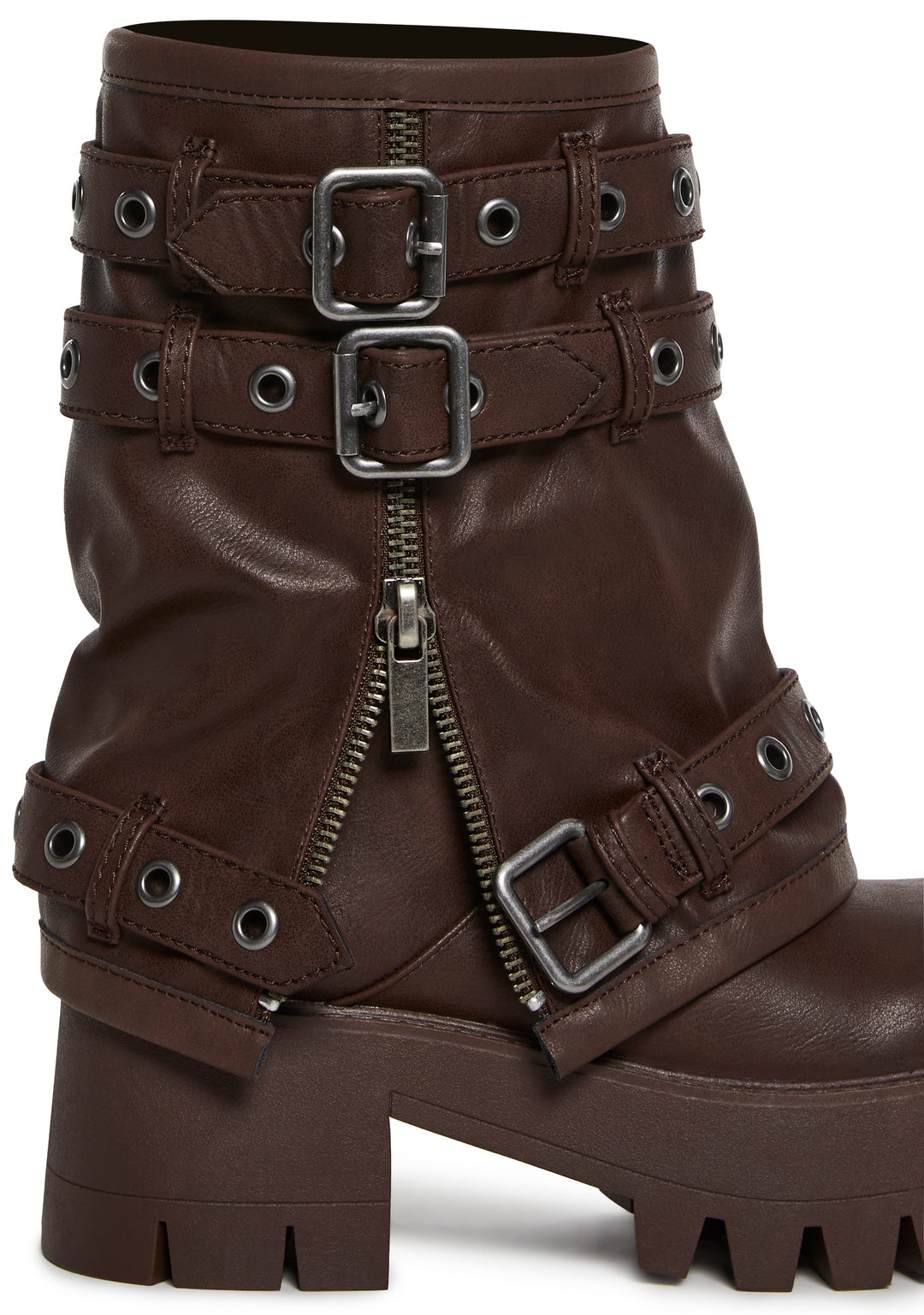 Vegan Leather Multi Buckle Mid Calf Zippered Combat Boots Darker Wavs - Brown - Image 2