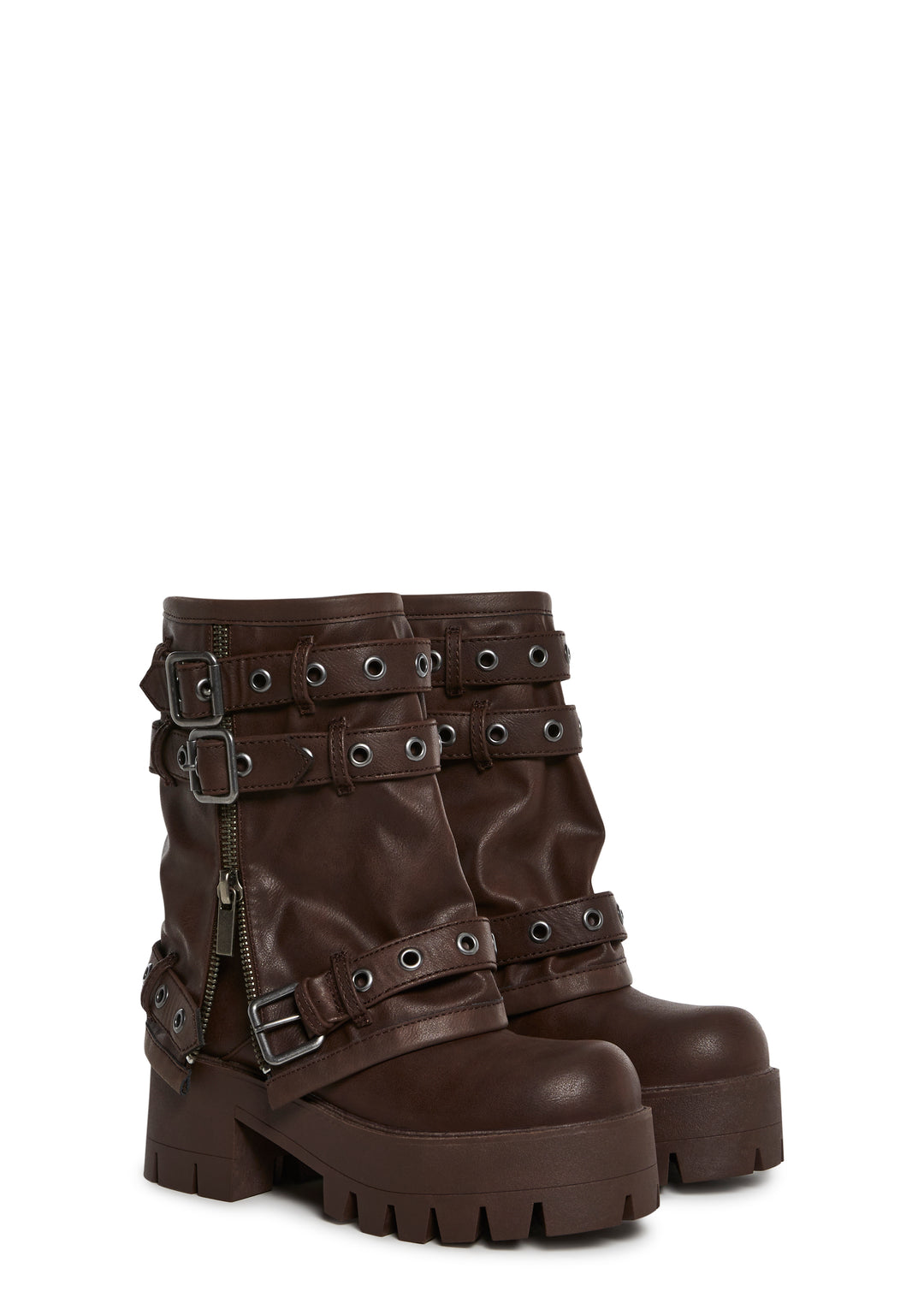 Vegan Leather Multi Buckle Mid Calf Zippered Combat Boots Darker Wavs - Brown - Image 3